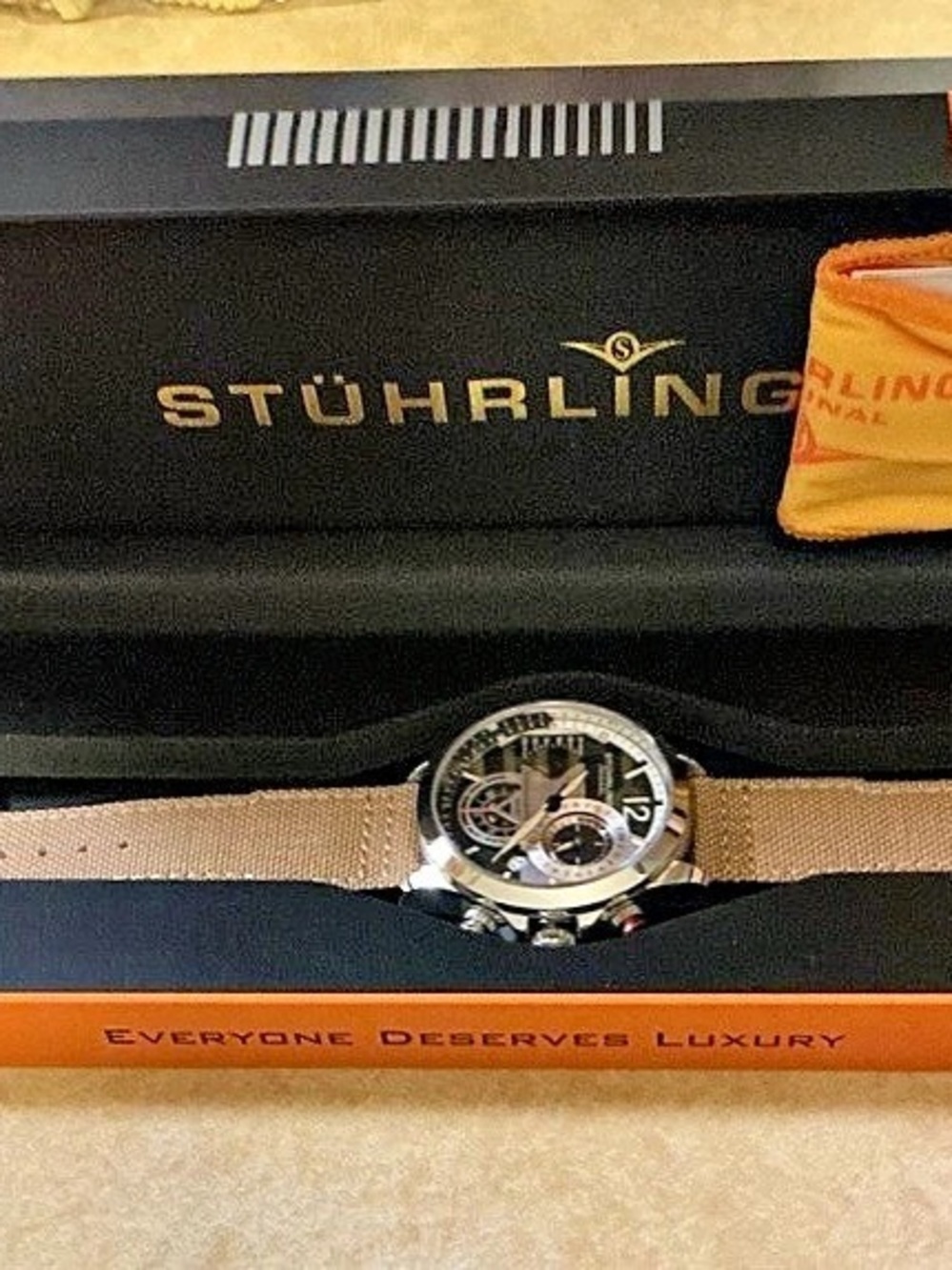 NIB Stuhrling Original 45mm Cordura Quartz Aviator Mens Watch Tan Black